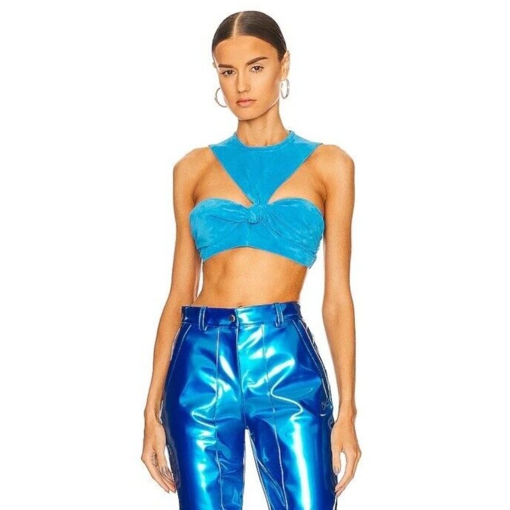 LaQuan Smith Suede Cut Out Twist Top Aqua Blue